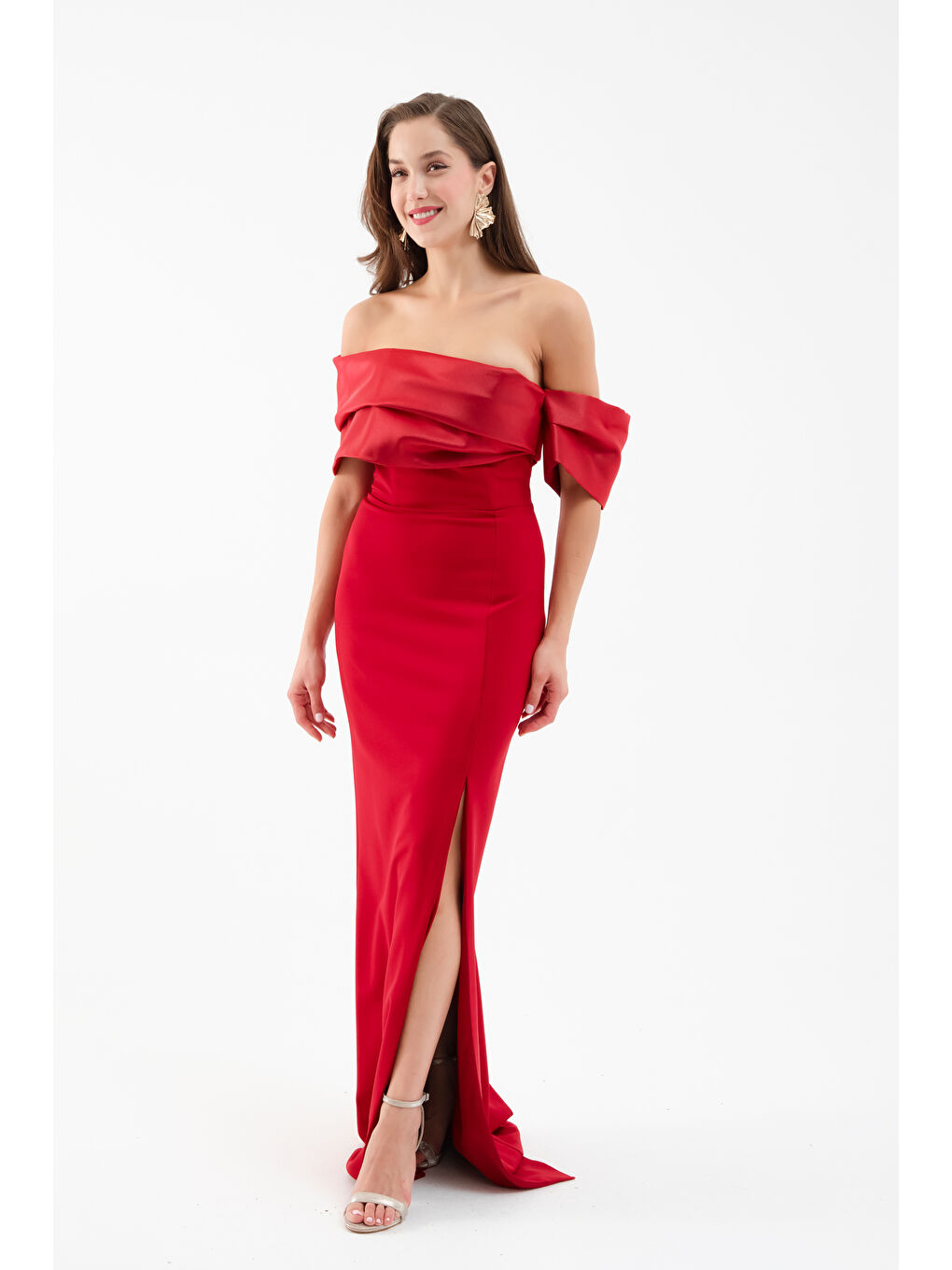 Kadın Bordo Yaka Detaylı Yırtmaçlı Uzun Abiye Elbise-1