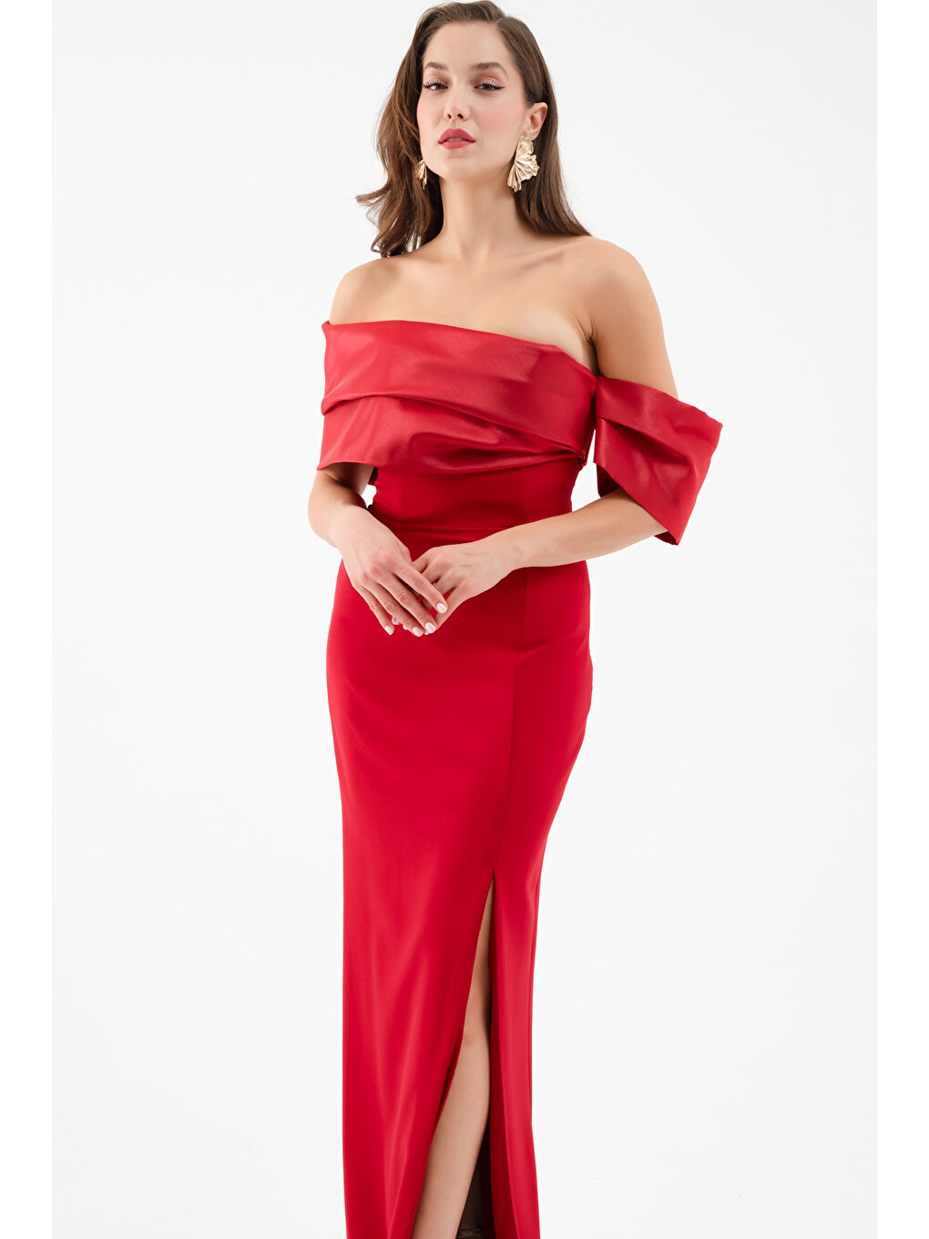 Kadın Bordo Yaka Detaylı Yırtmaçlı Uzun Abiye Elbise-2