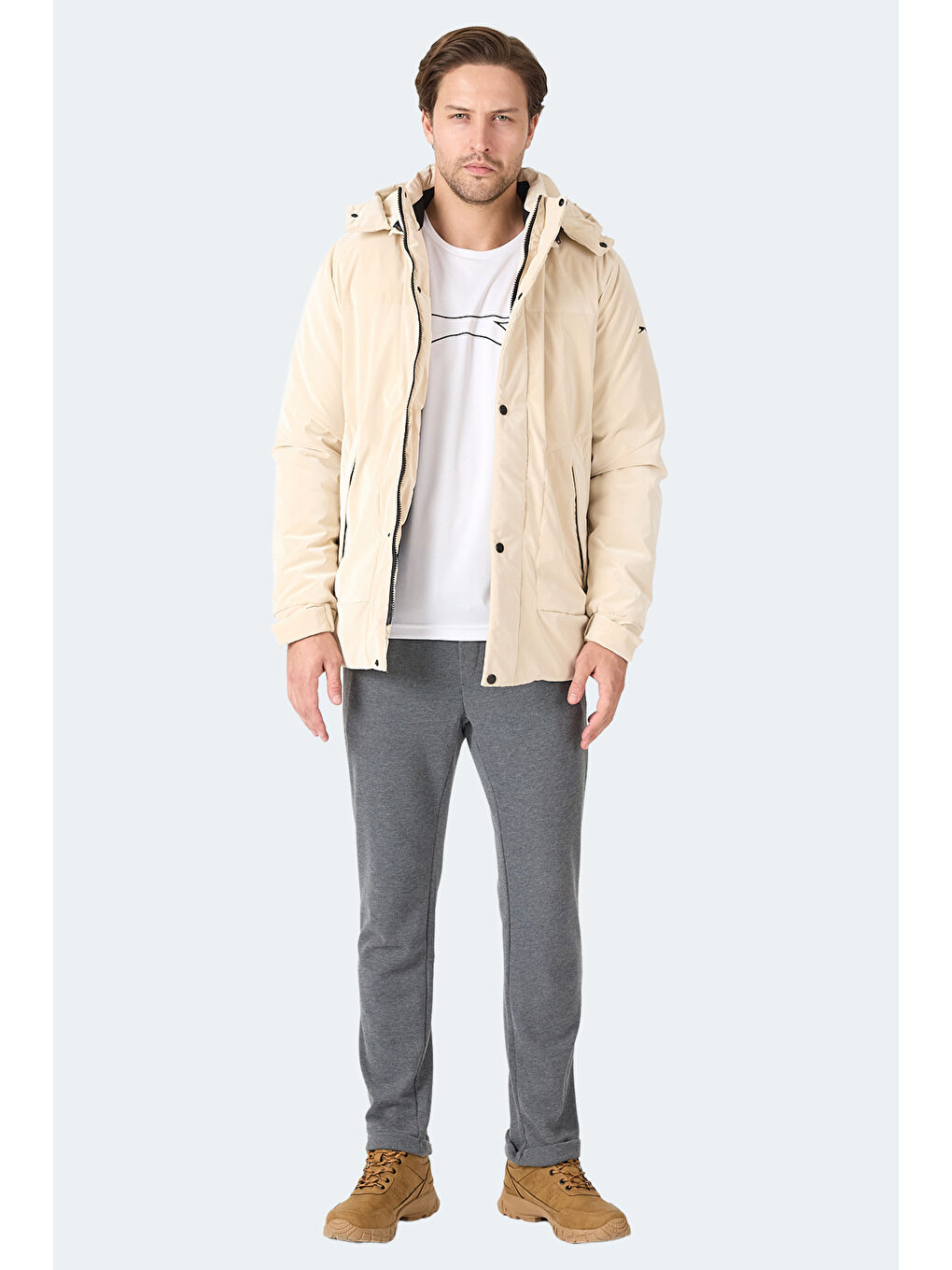 GRIM Erkek Çıkarılabilir Kapüşonlu Bej Mont & Kaban-6