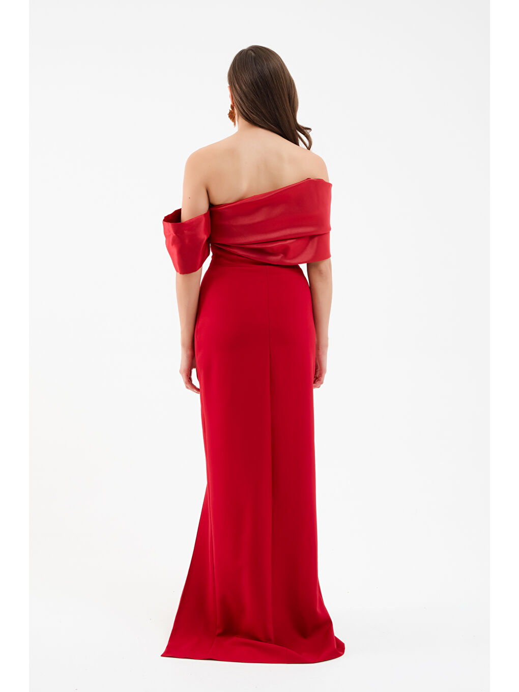 Kadın Bordo Yaka Detaylı Yırtmaçlı Uzun Abiye Elbise-4