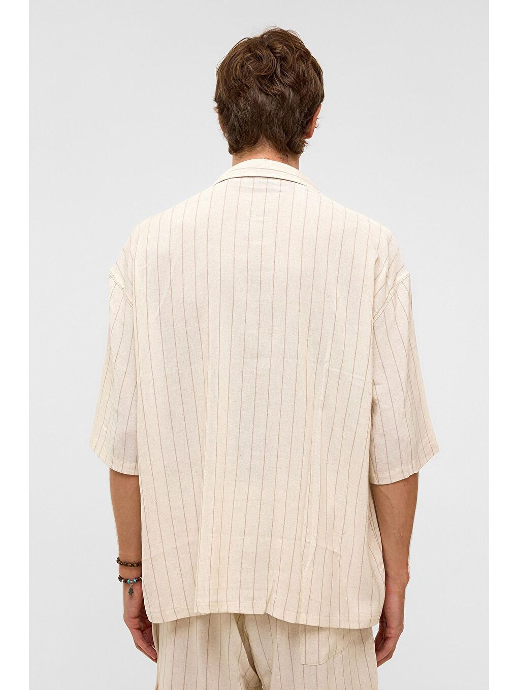 Bej Oversize Çizgili Kısa Kollu Keten Gömlek Vizon-6