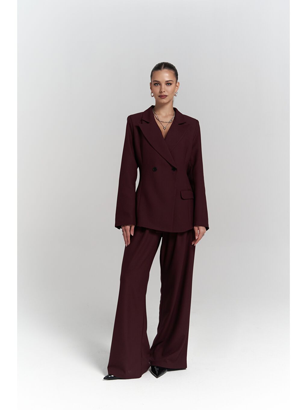 Mai Collection Halvyn Dar Kesim Blazer Bordo Takım