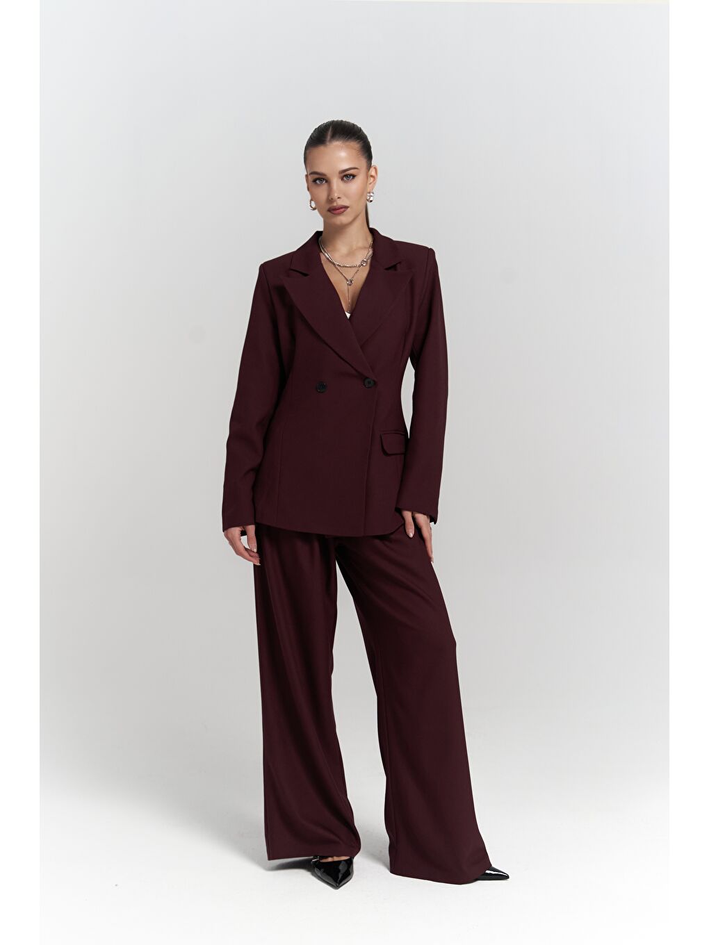 Mai Collection Halvyn Dar Kesim Blazer Bordo Takım - 1