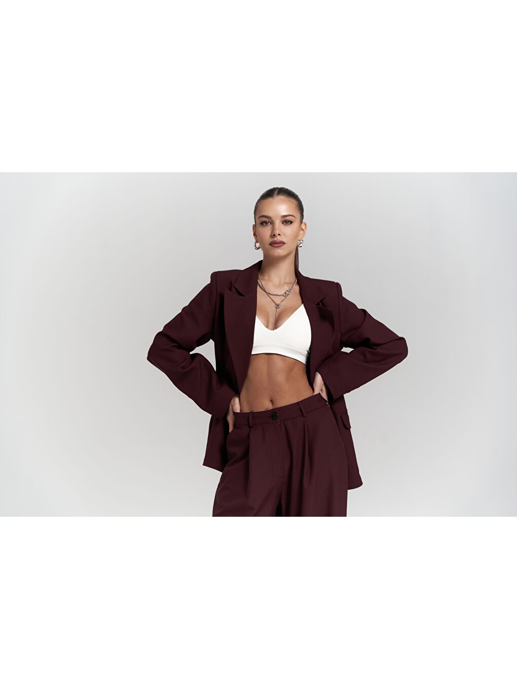 Mai Collection Halvyn Dar Kesim Blazer Bordo Takım - 2