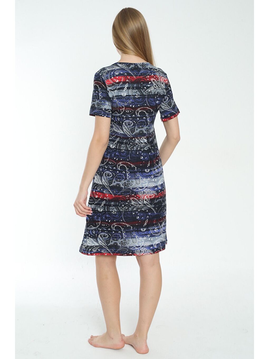 Karışık Desenli Cepli Püskül Detaylı Kısa Kollu Elbise-3