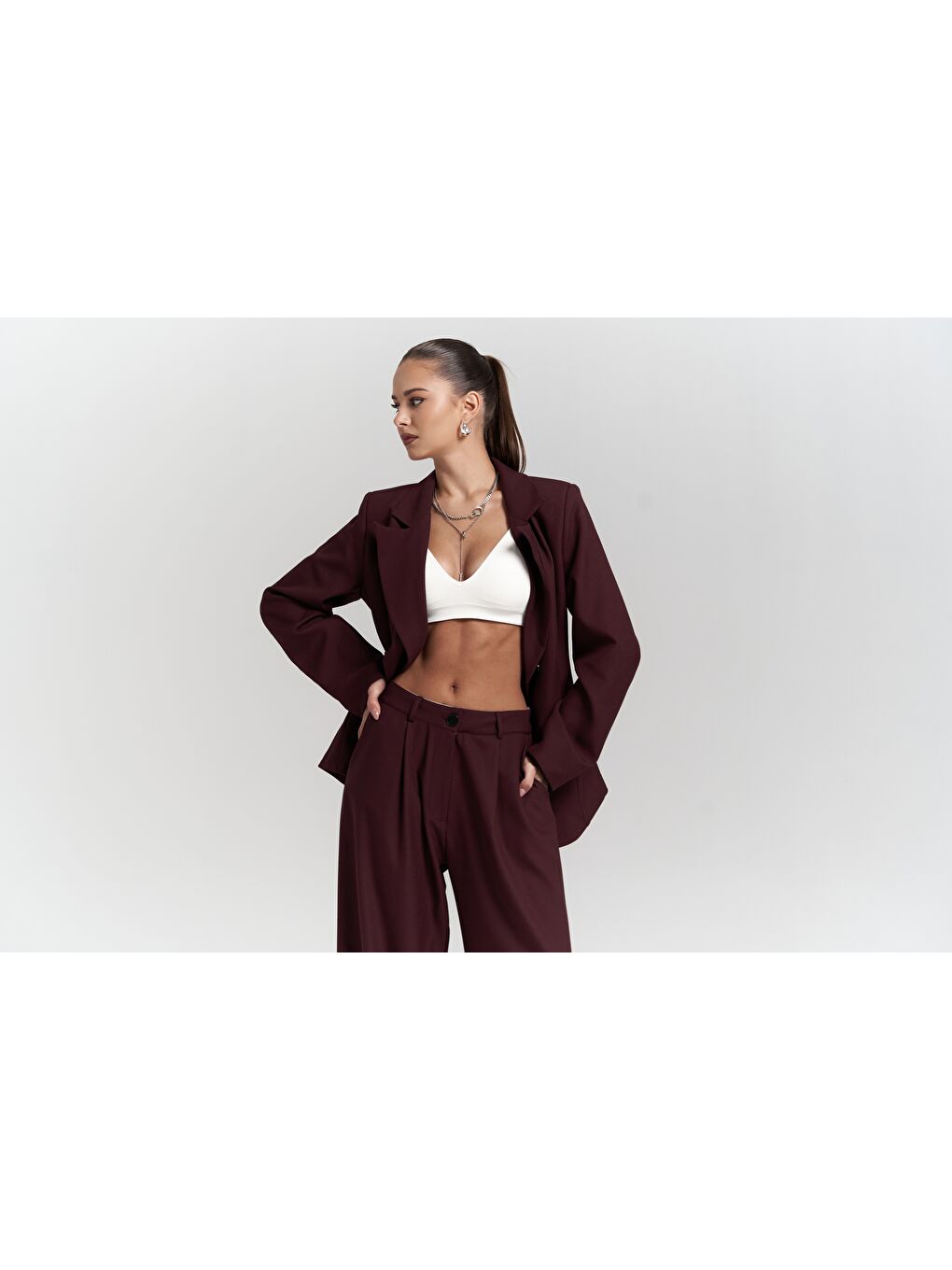 Mai Collection Halvyn Dar Kesim Blazer Bordo Takım - 3