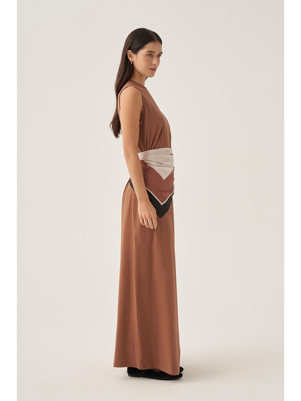 Bej Vizon-Pamuklu Bisiklet Yaka Kolsuz İçlik Elbise-2