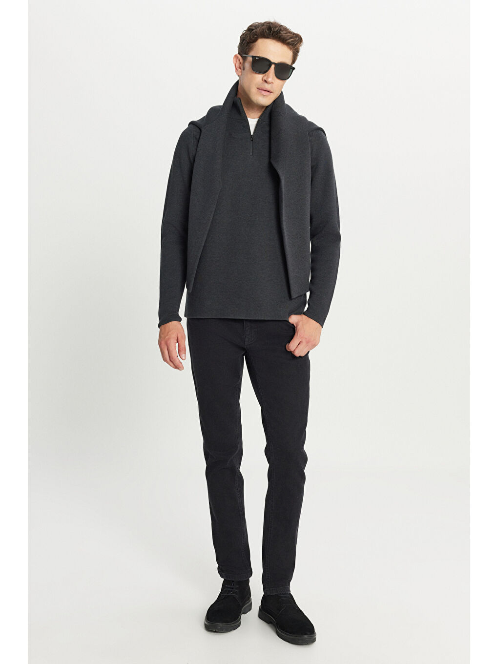 Erkek Antrasit-Melanj Pamuklu Slim Fit Dar Kesim Bato Yaka Dokulu Triko Kazak-1