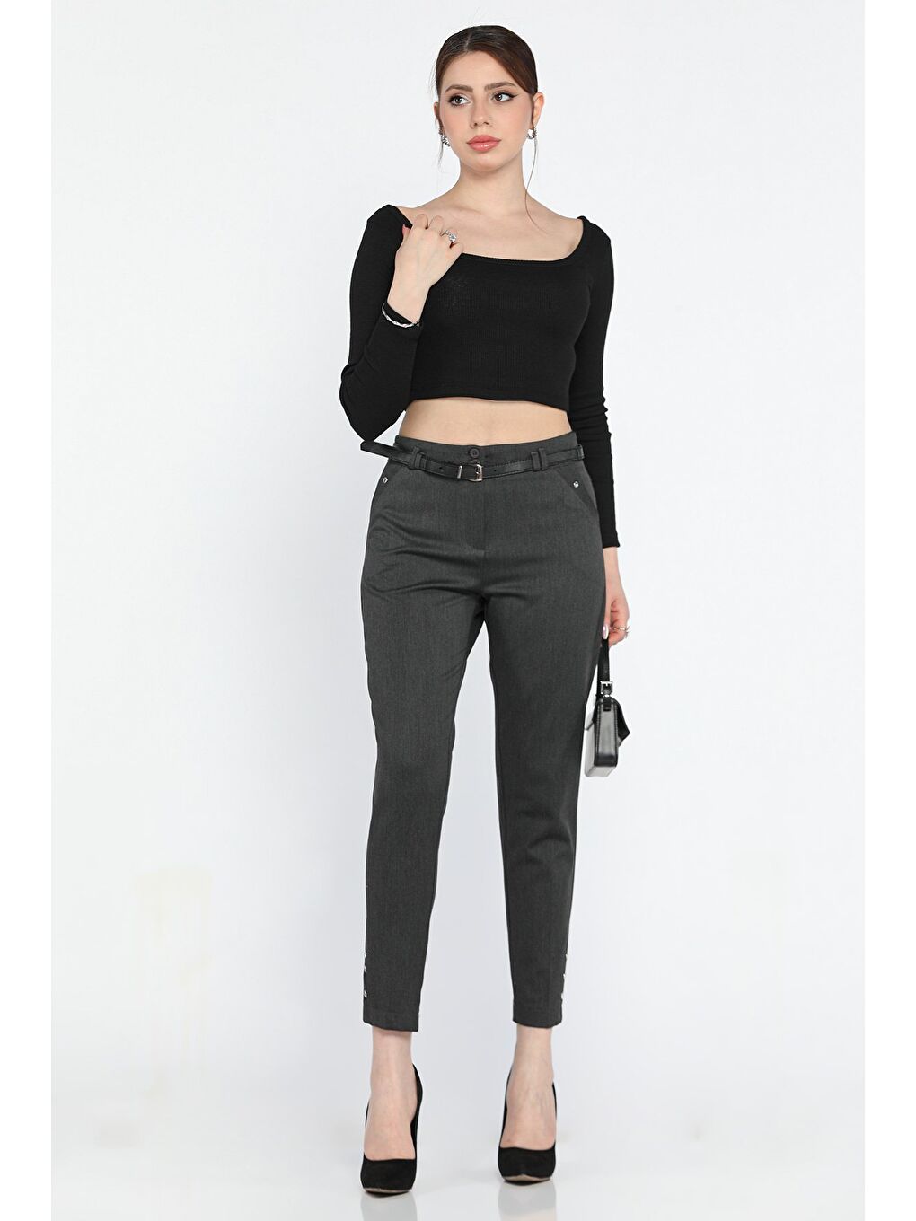 Antrasit Büyük Beden Taş Detaylı Kemerli Kadın Kumaş Pantolon