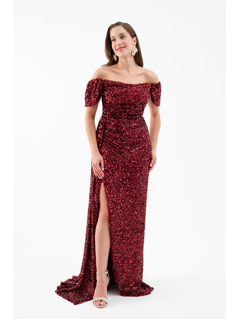 Kadın Bordo Pul Payet İşlemeli Uzun Abiye Elbise-1