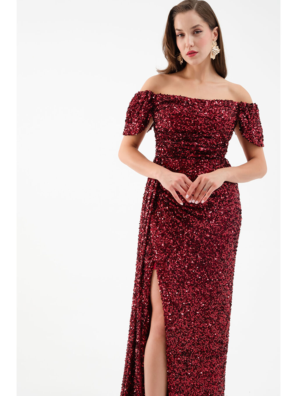 Kadın Bordo Pul Payet İşlemeli Uzun Abiye Elbise-2