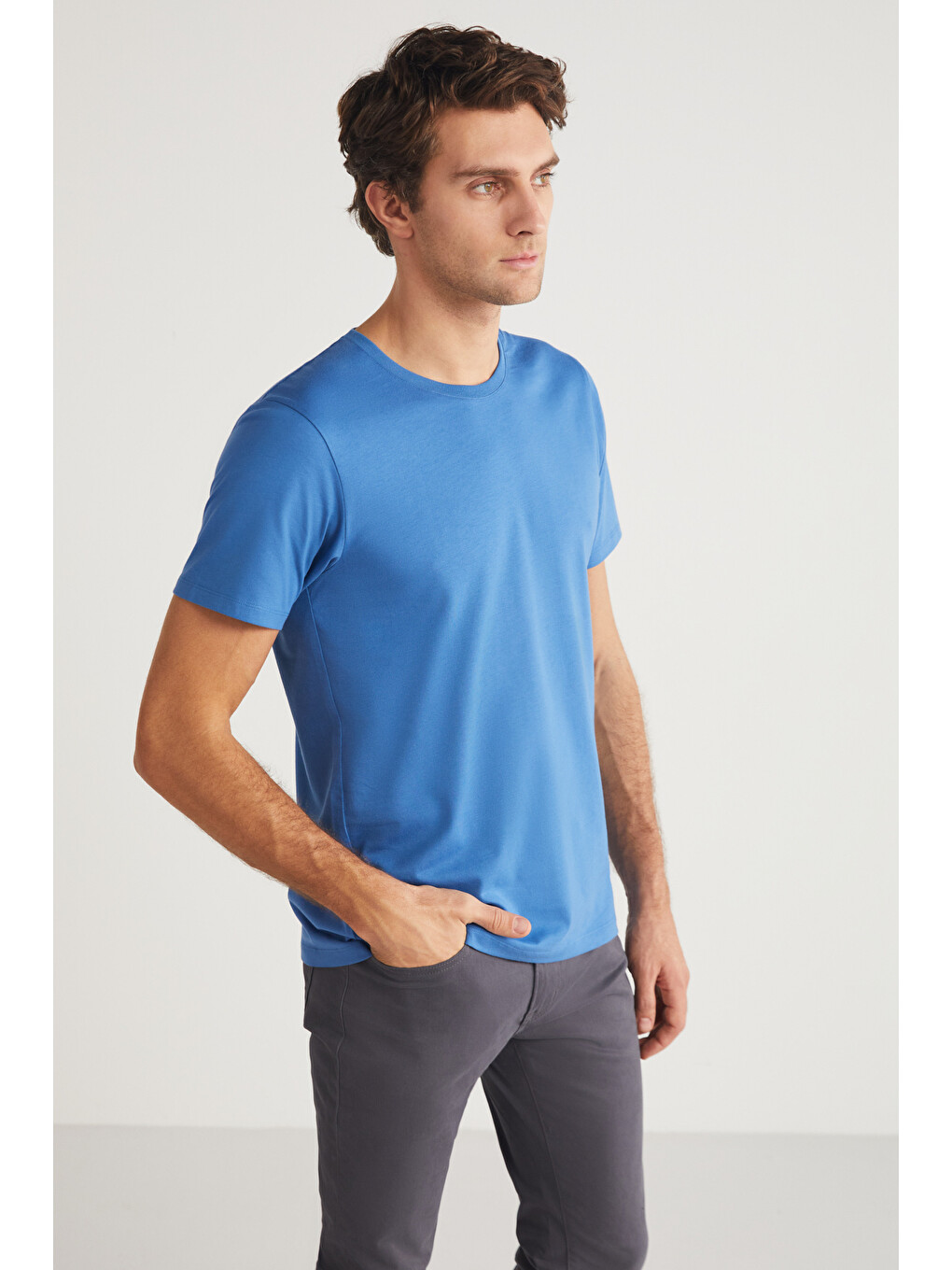 Mıchel Erkek Slim Fit Dar Kesim %100 Organik Pamuklu Yana Kayan Dikişli Basic Örme Mavi T-shirt-2
