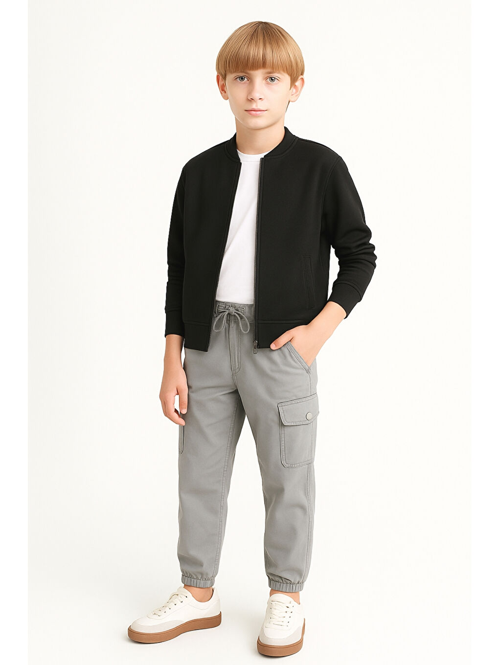 Gri Erkek Çocuk Komando Cepli Beli Lastikli Okul Pantolonu AK1000-1-2-2