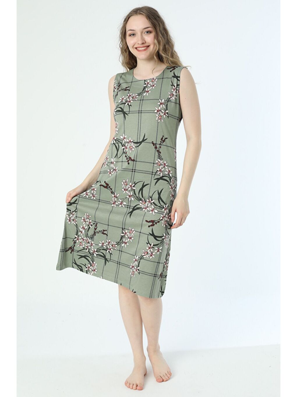 Yeşil Desenli Askılı Cepli Örme Pamuklu Elbise-1