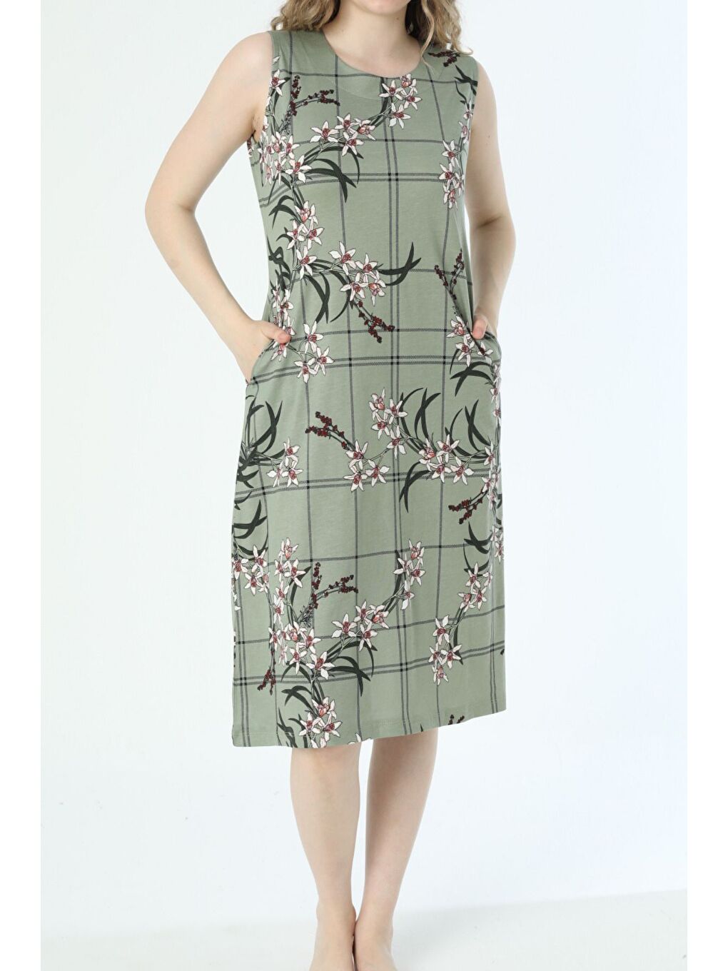 Yeşil Desenli Askılı Cepli Örme Pamuklu Elbise-2