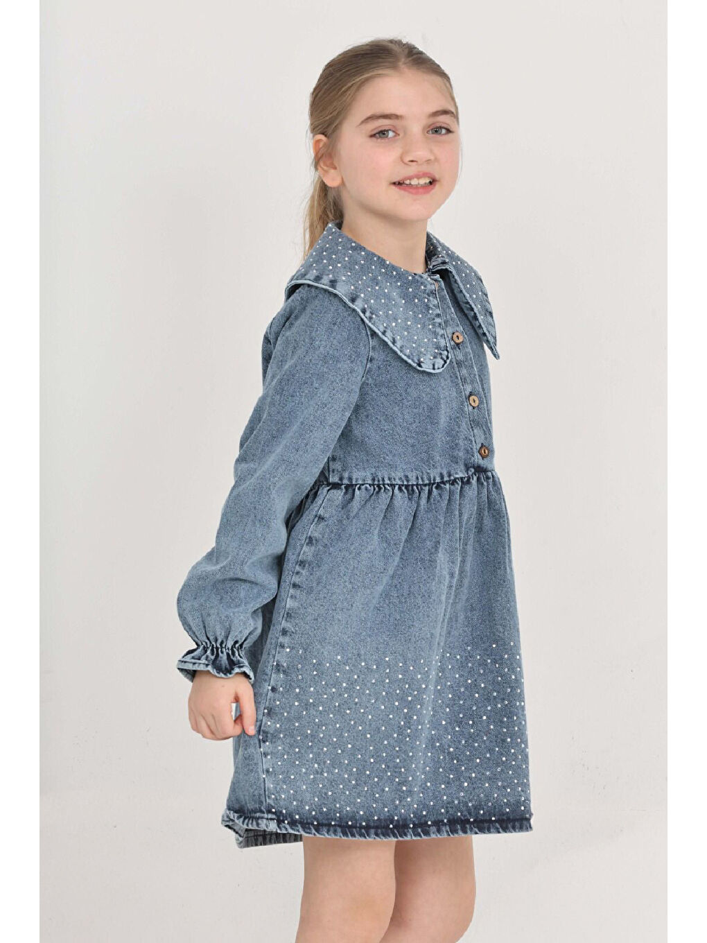 İndigo Kız Çocuk Taş Süslemeli ve Geniş Yakalı Jean Elbise 12453-1