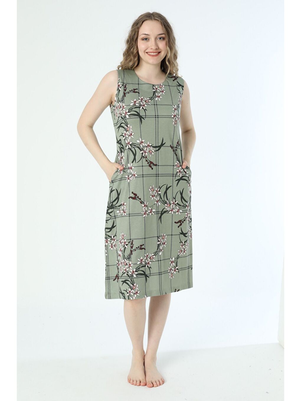 Yeşil Desenli Askılı Cepli Örme Pamuklu Elbise-3