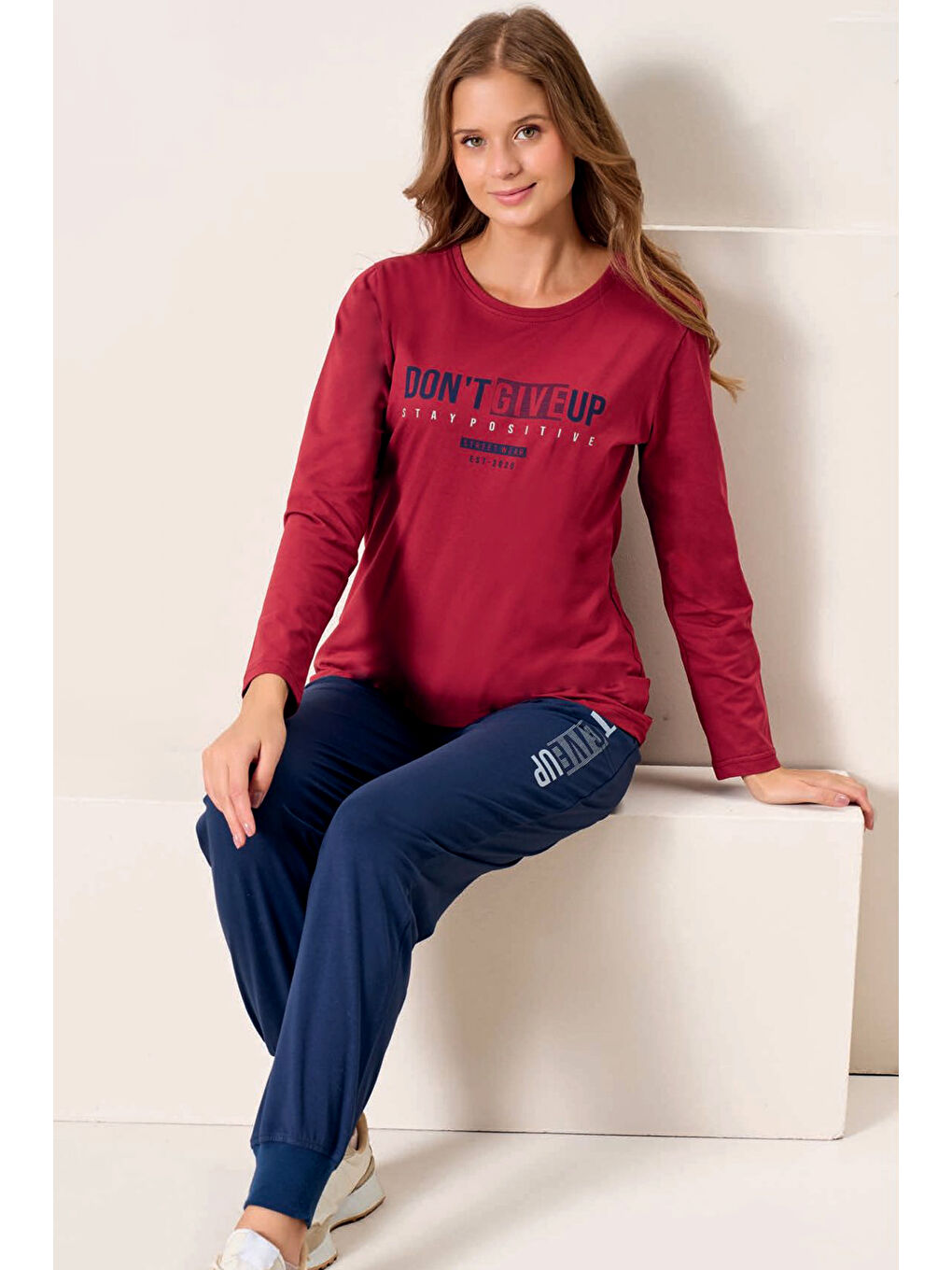 Kadın Penye Uzun Kol Pijama Takımı 3198 Kırmızı