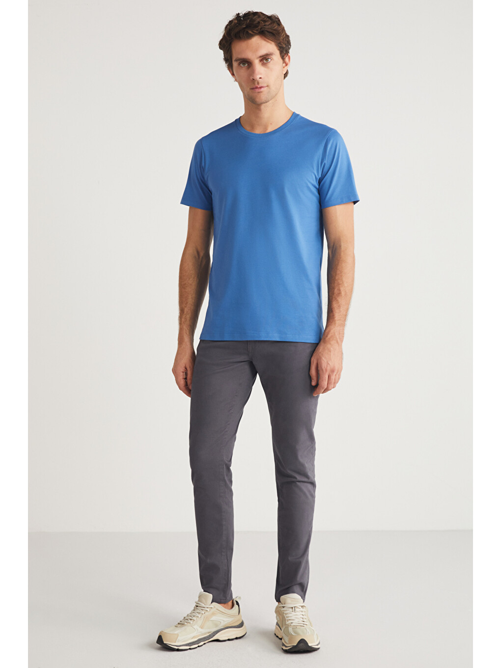 Mıchel Erkek Slim Fit Dar Kesim %100 Organik Pamuklu Yana Kayan Dikişli Basic Örme Mavi T-shirt-3