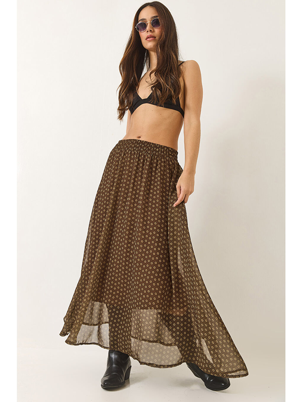 Haki Kadın Metalik İplikli Desenli Astarlı Uzun Etek