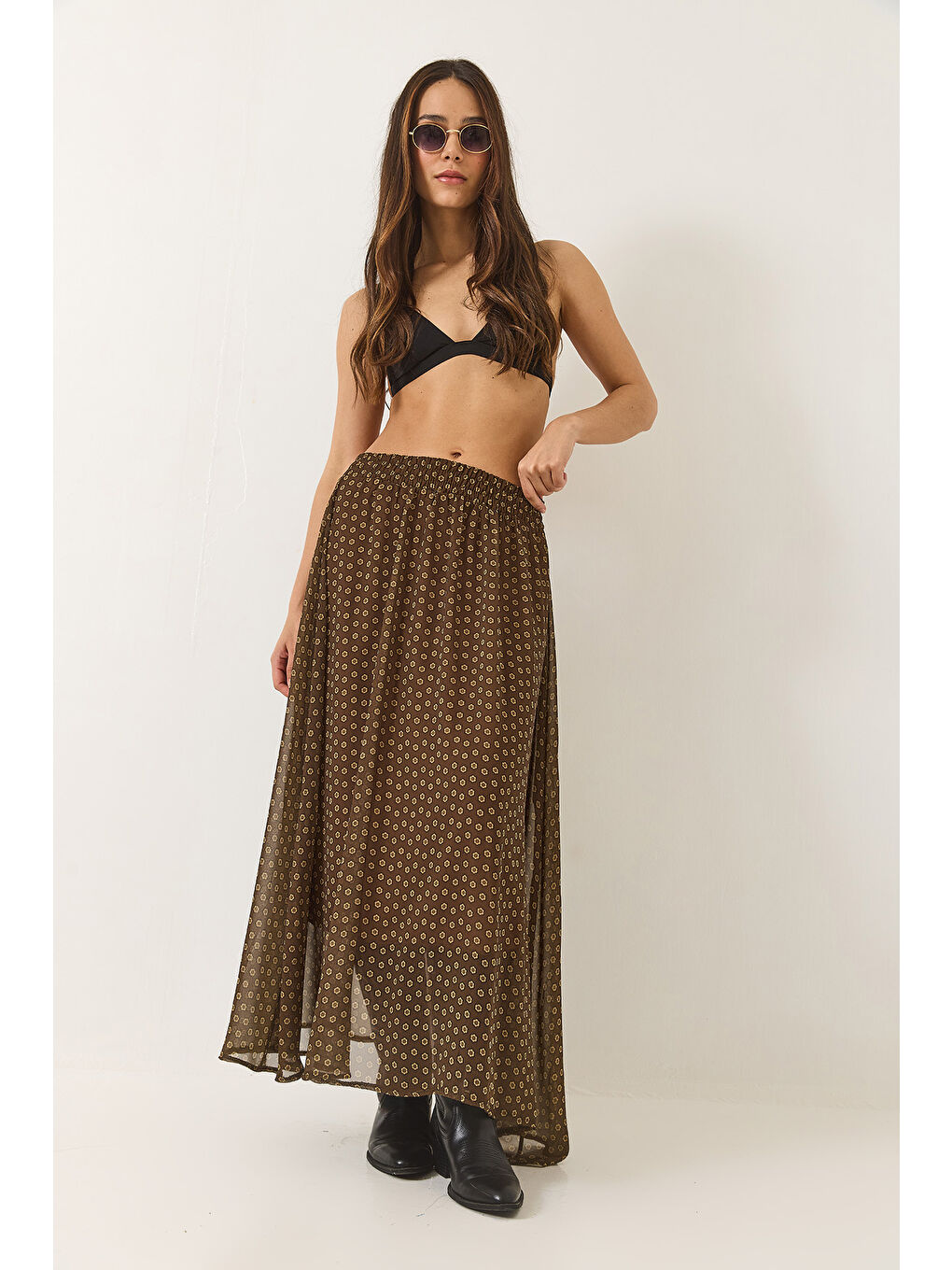 Haki Kadın Metalik İplikli Desenli Astarlı Uzun Etek-1