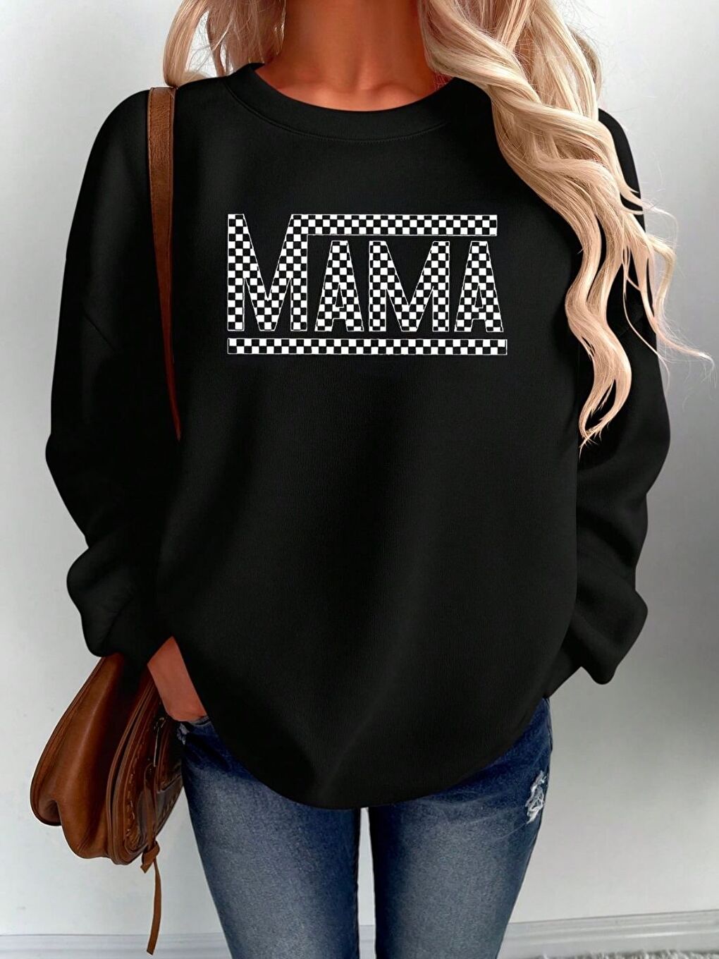 Siyah MAMA Baskılı Oversize Bisiklet Yaka Sweatshirt