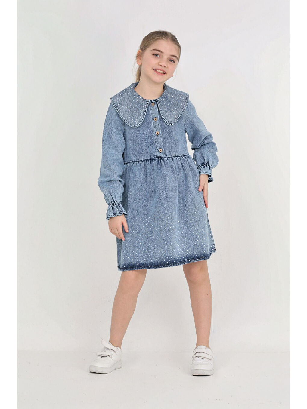 İndigo Kız Çocuk Taş Süslemeli ve Geniş Yakalı Jean Elbise 12453-2
