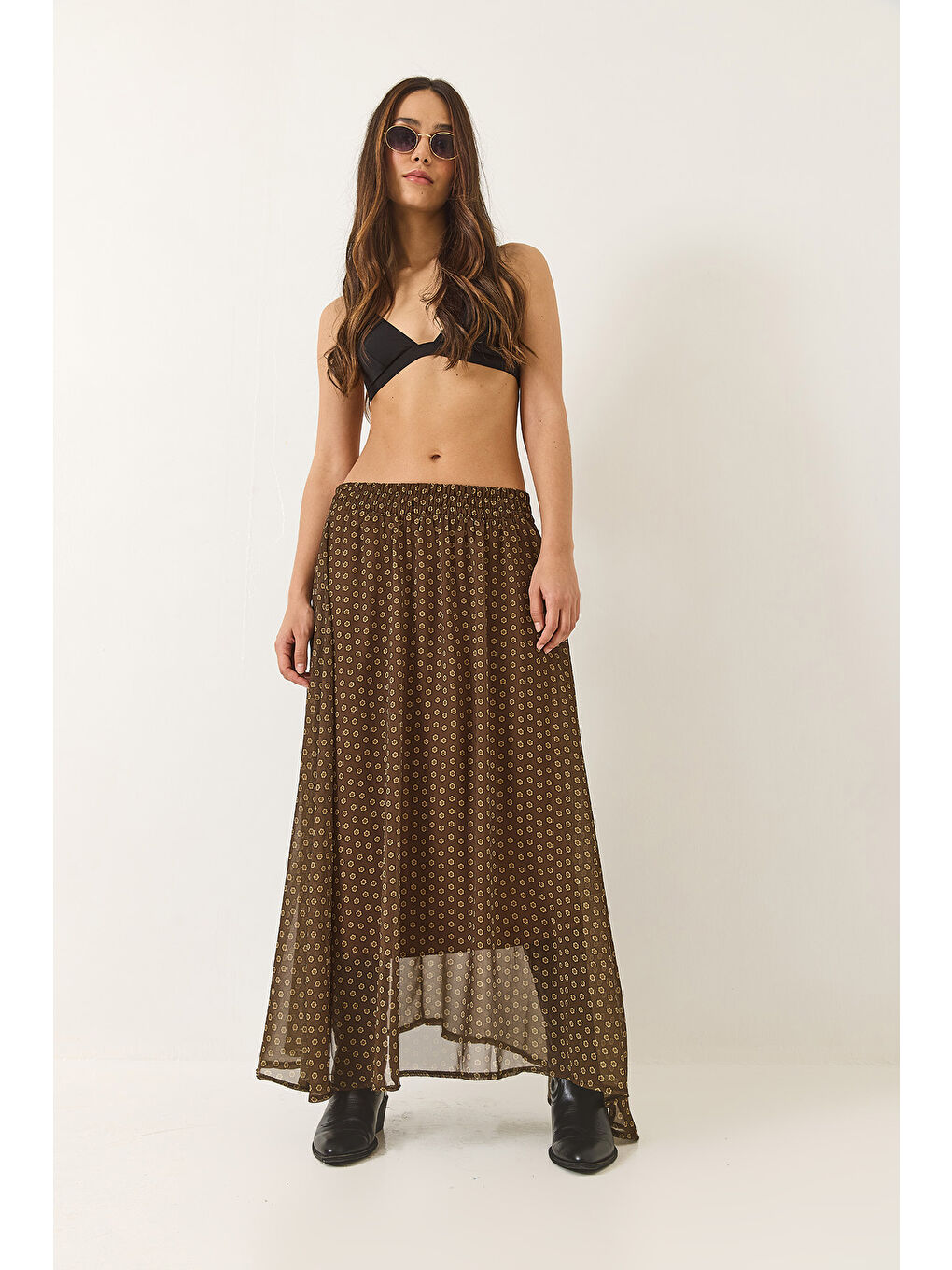 Haki Kadın Metalik İplikli Desenli Astarlı Uzun Etek-2