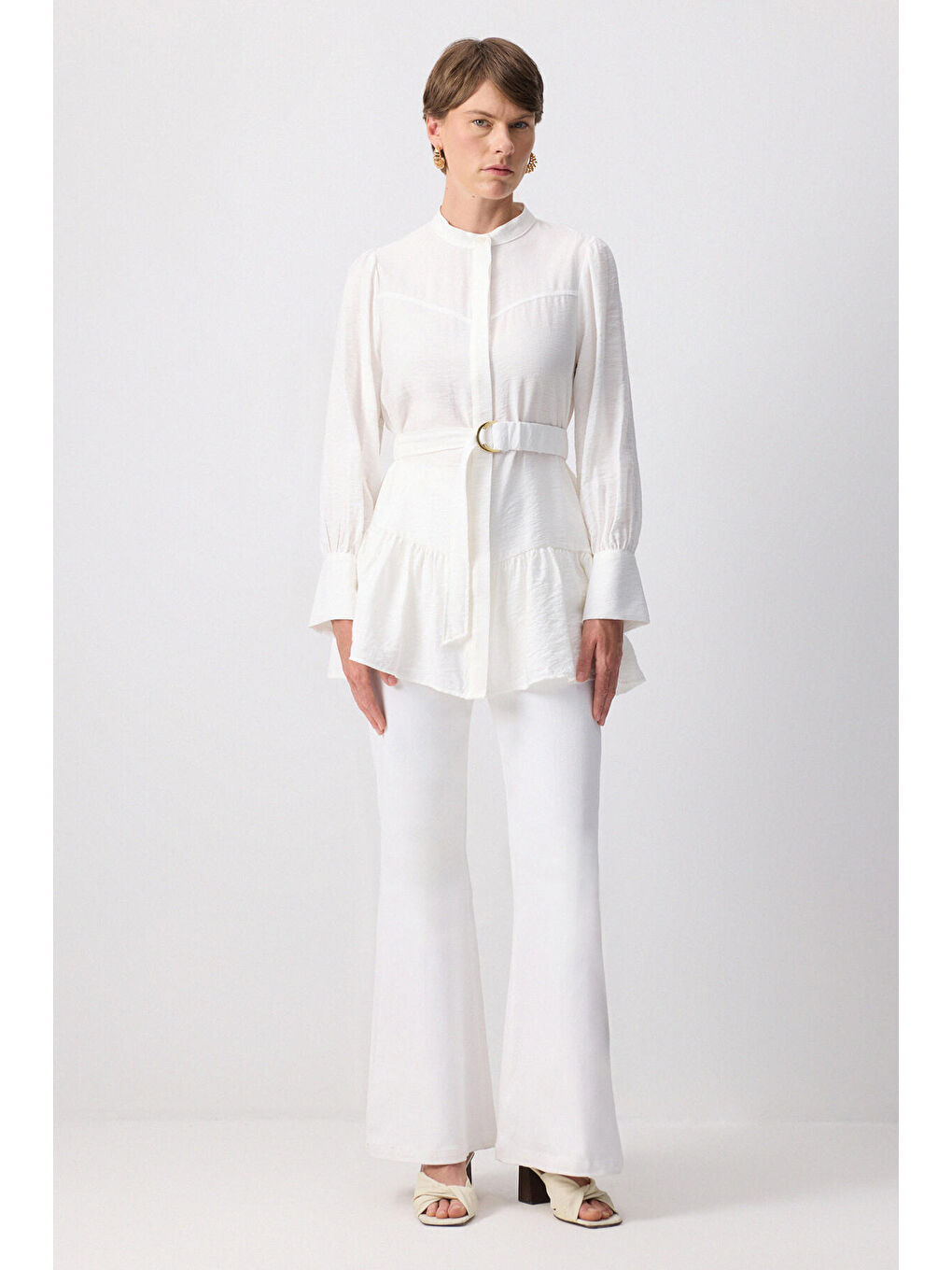 Ekru Kemerli Viskon Tunik