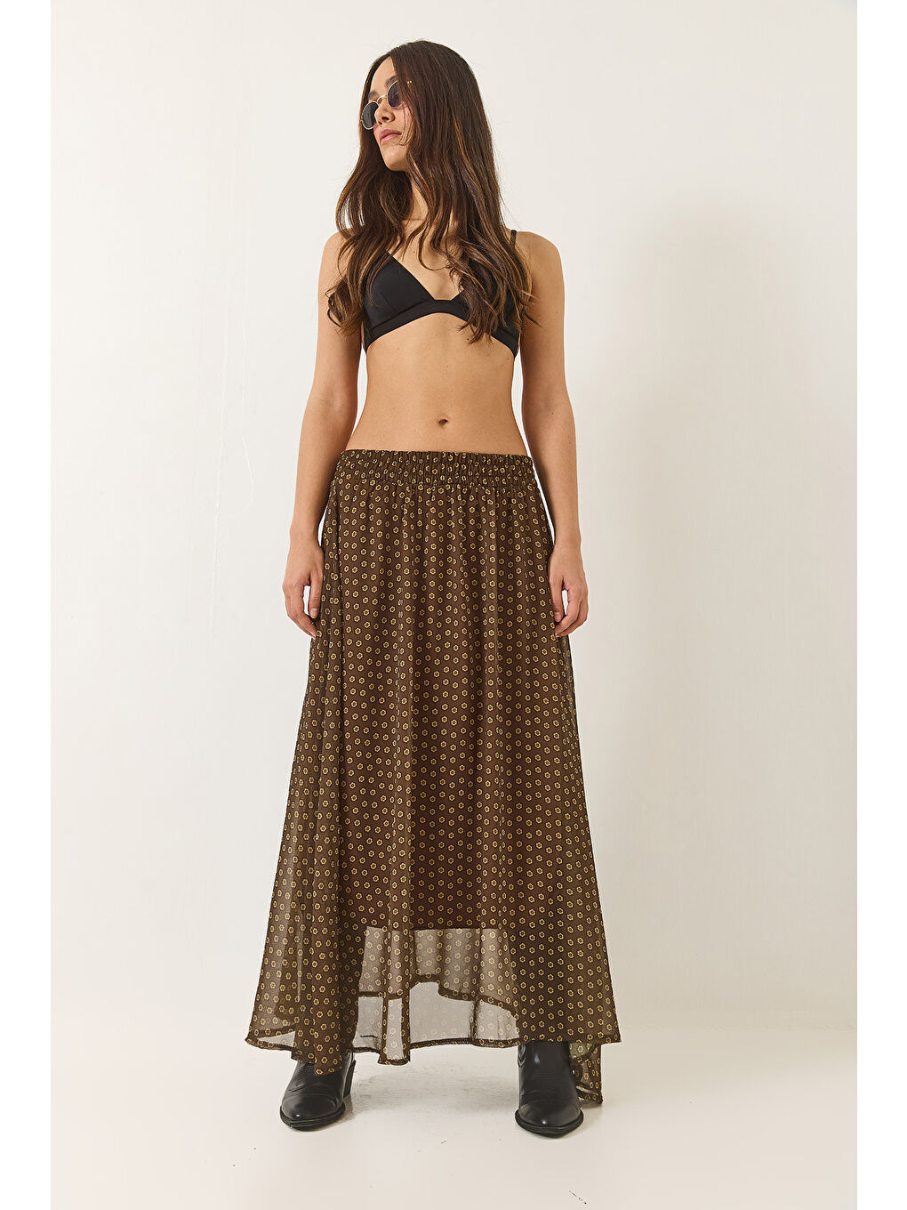 Haki Kadın Metalik İplikli Desenli Astarlı Uzun Etek-3
