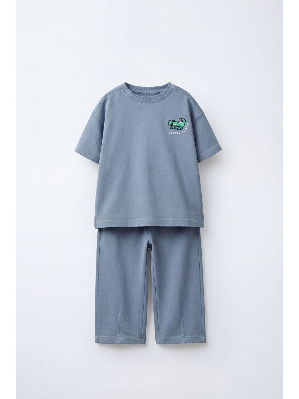 Unisex Çocuk Pamuklu Mavi Timsah Detaylı Tişört Eşofman Takım