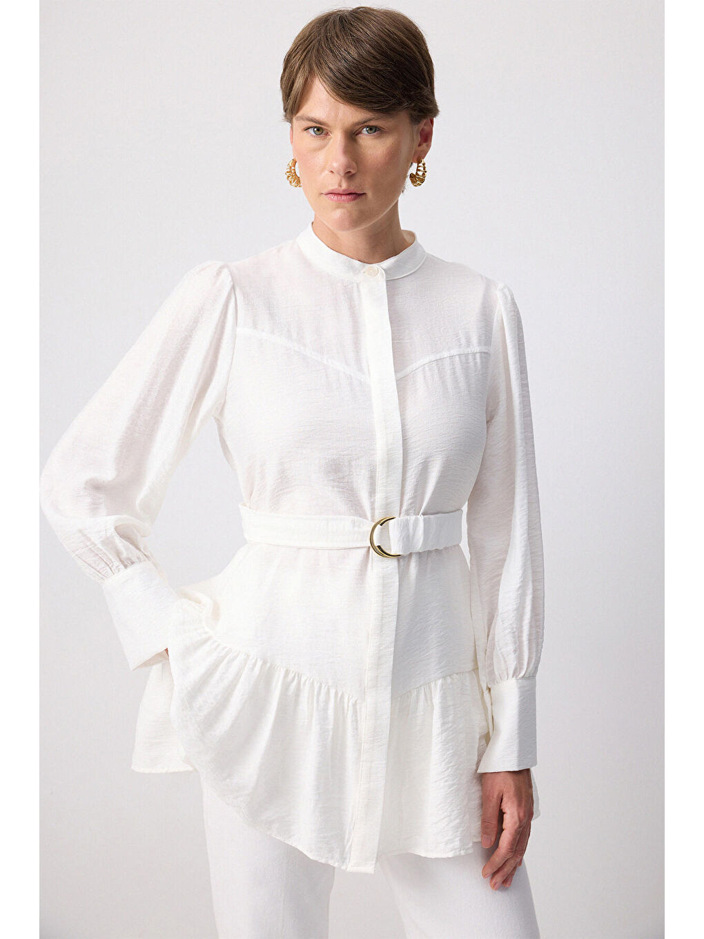 Ekru Kemerli Viskon Tunik-1