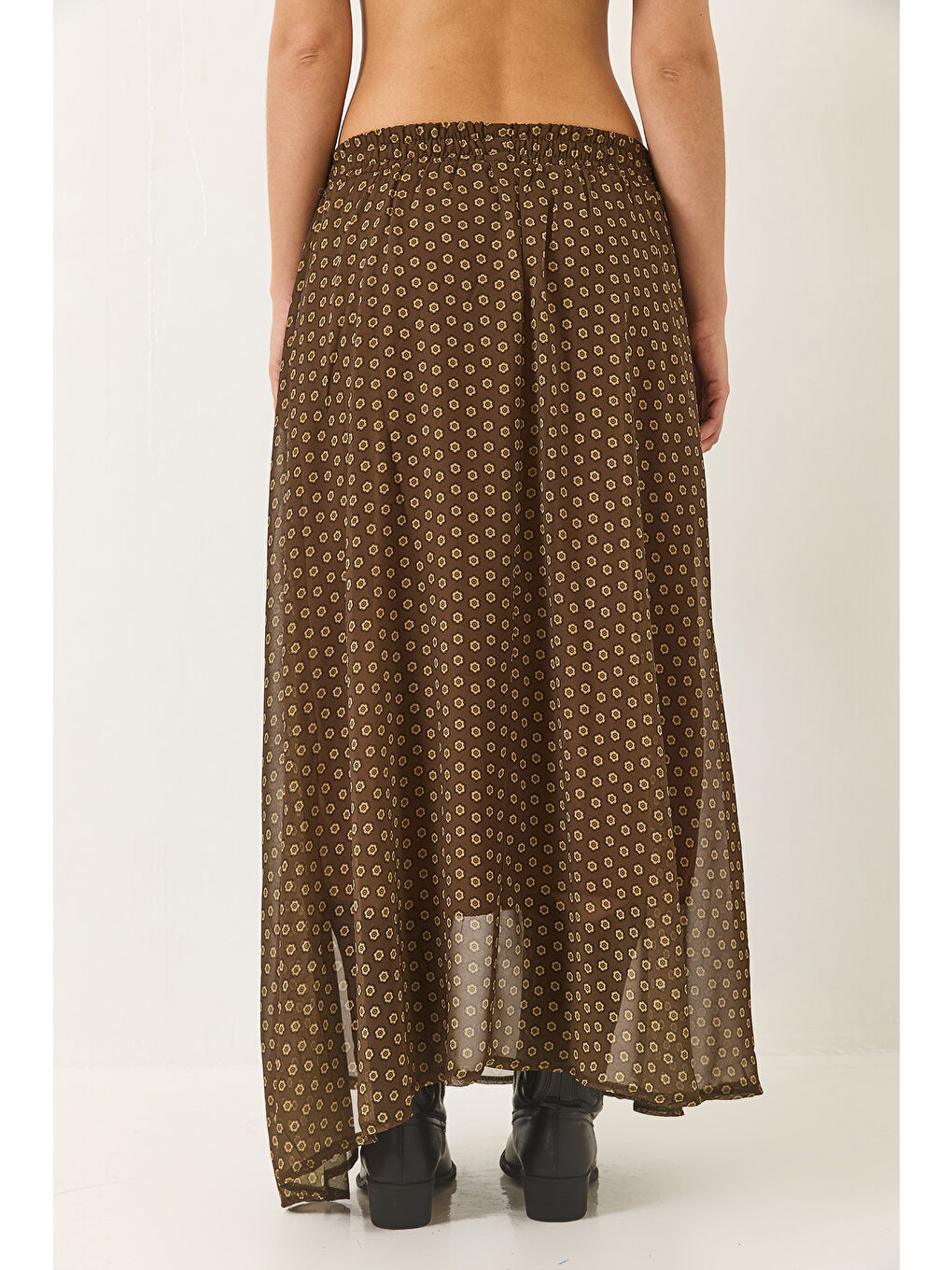 Haki Kadın Metalik İplikli Desenli Astarlı Uzun Etek-5
