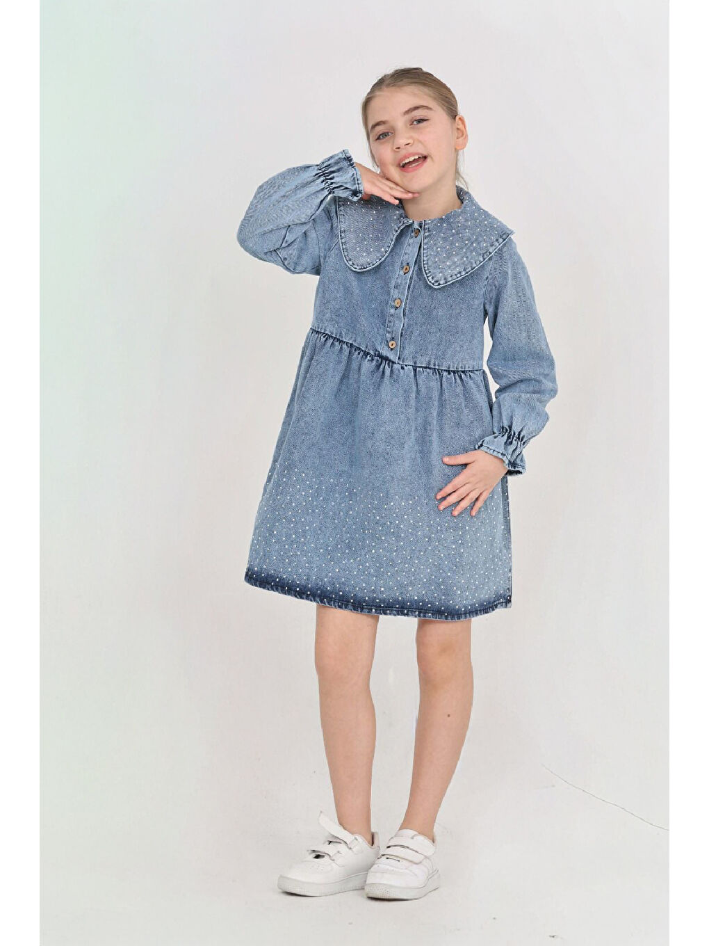 İndigo Kız Çocuk Taş Süslemeli ve Geniş Yakalı Jean Elbise 12453-3