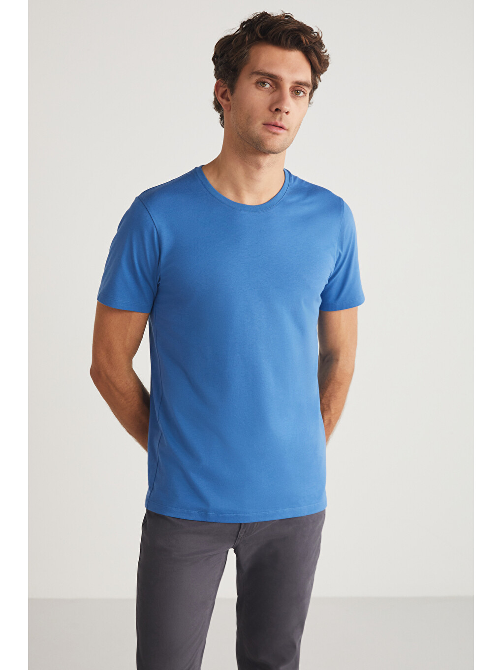 Mıchel Erkek Slim Fit Dar Kesim %100 Organik Pamuklu Yana Kayan Dikişli Basic Örme Mavi T-shirt-4