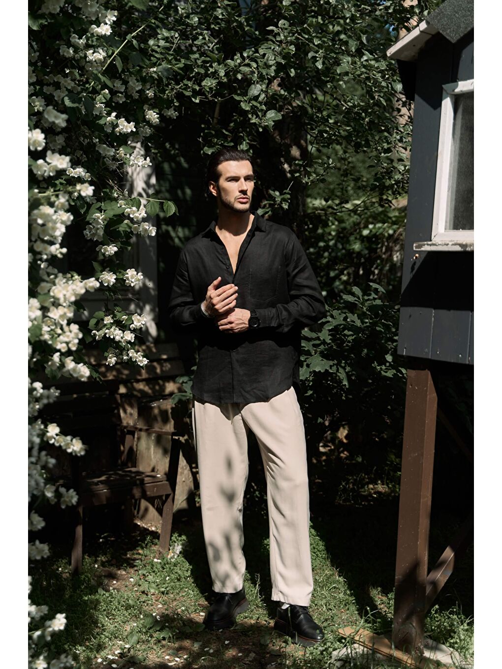 Ombretta Siyah Keten Oversize Erkek Gömlek-1