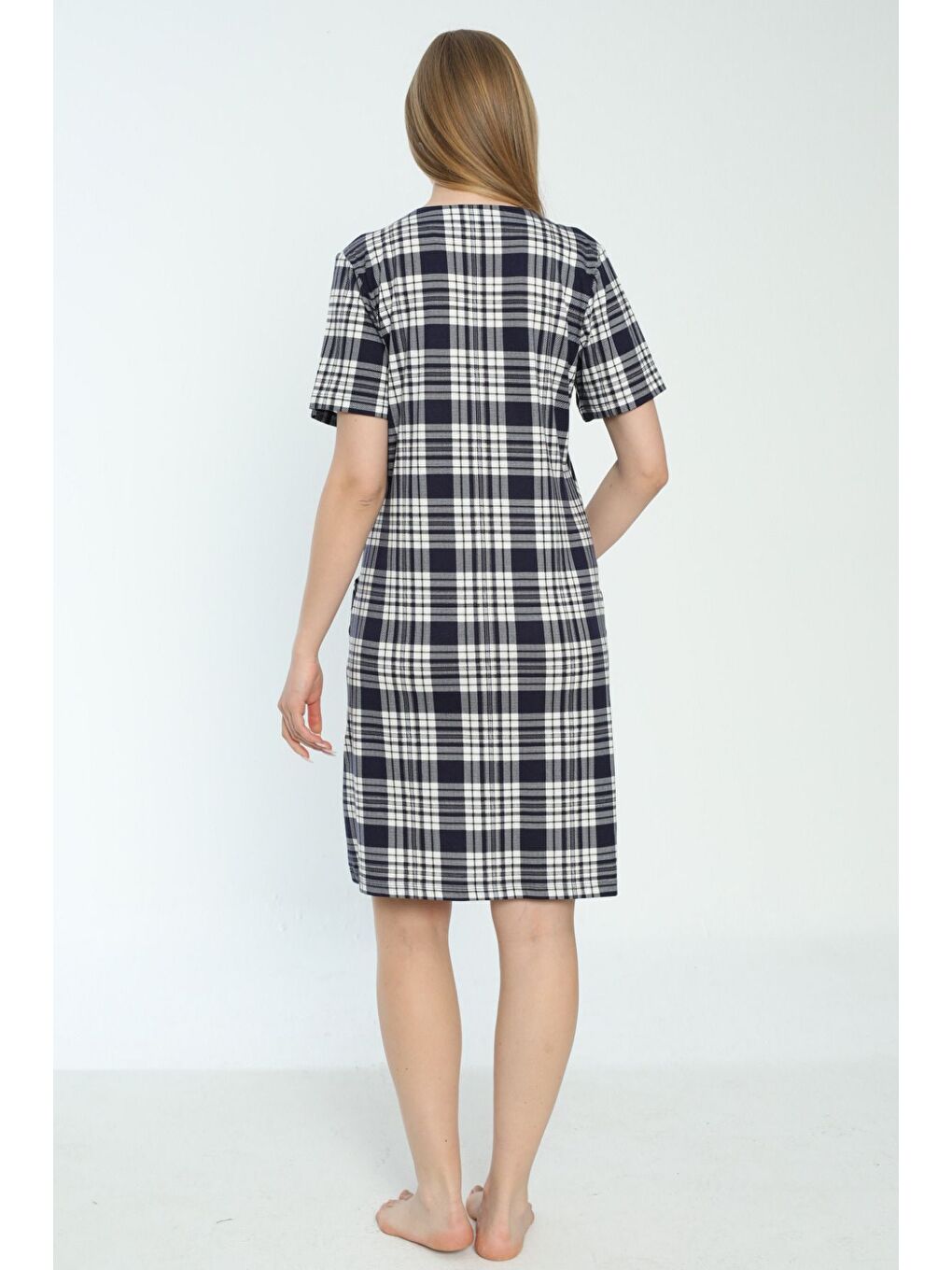 Gri Kadın Ekose Desenli Kısa Kollu Cepli Elbise-3