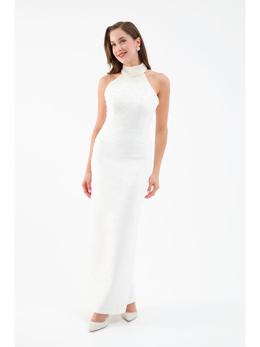 Kadın Beyaz Halter Yaka İncili Söz Nişan Nikah Abiye Elbise
