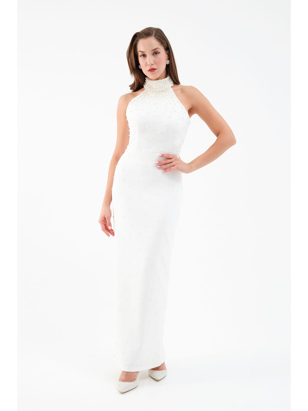 Kadın Beyaz Halter Yaka İncili Söz Nişan Nikah Abiye Elbise-1
