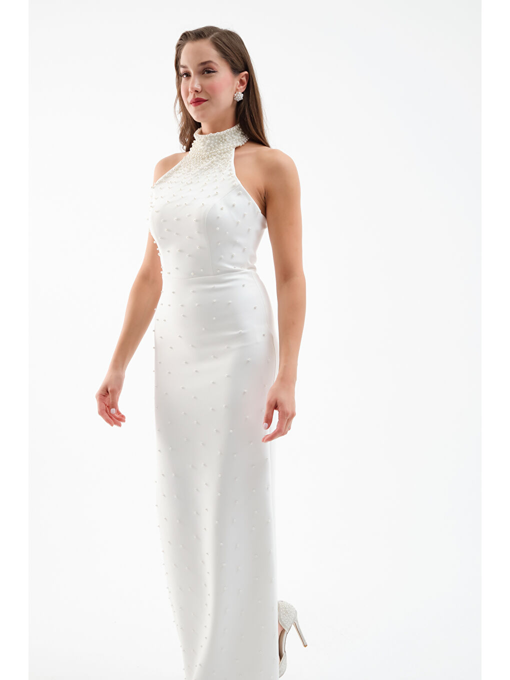 Kadın Beyaz Halter Yaka İncili Söz Nişan Nikah Abiye Elbise-2