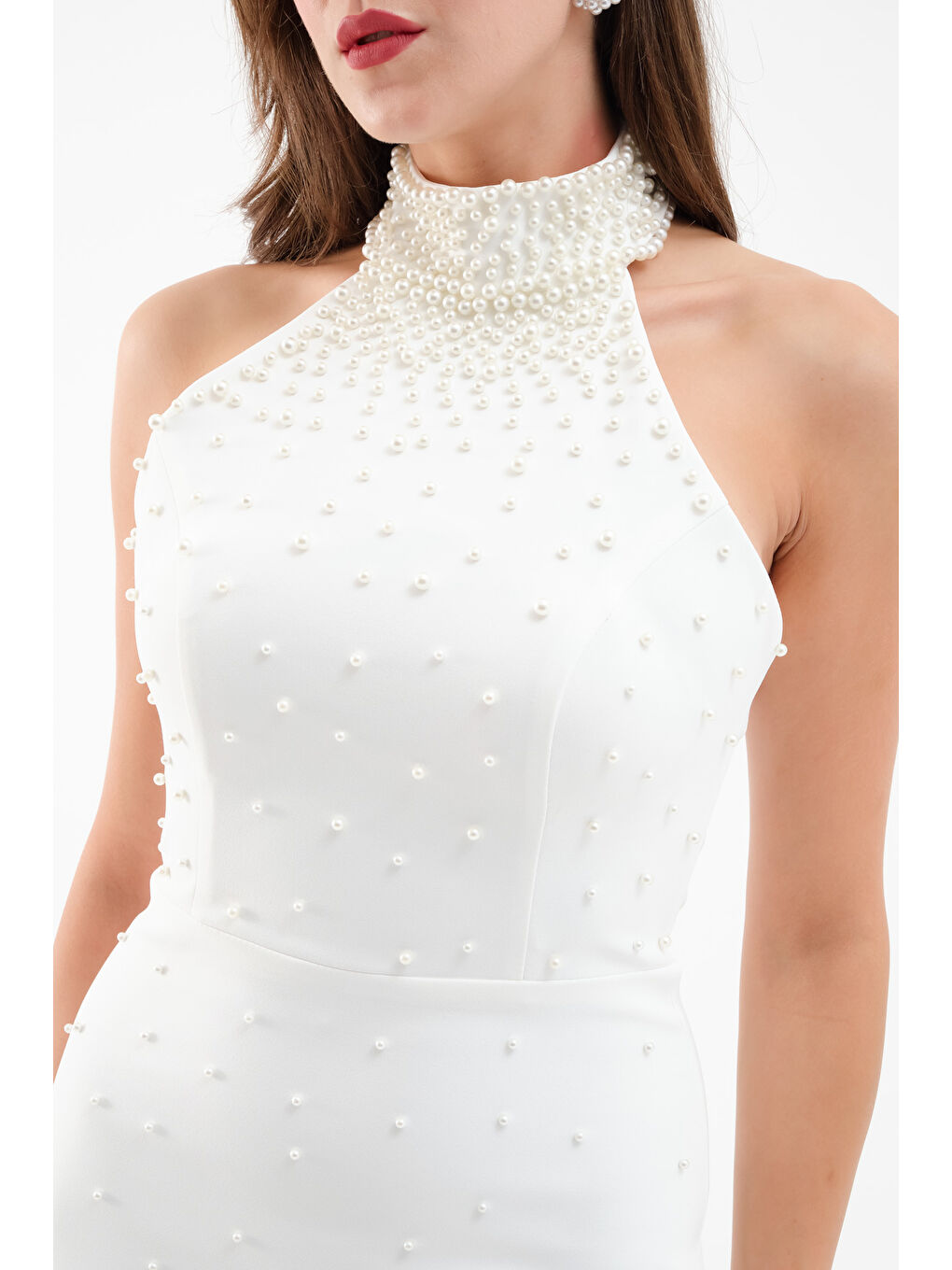 Kadın Beyaz Halter Yaka İncili Söz Nişan Nikah Abiye Elbise-3