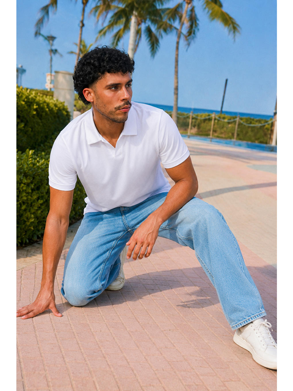 Erkek Trend Polo Yaka Günlük Beyaz Tişört-1