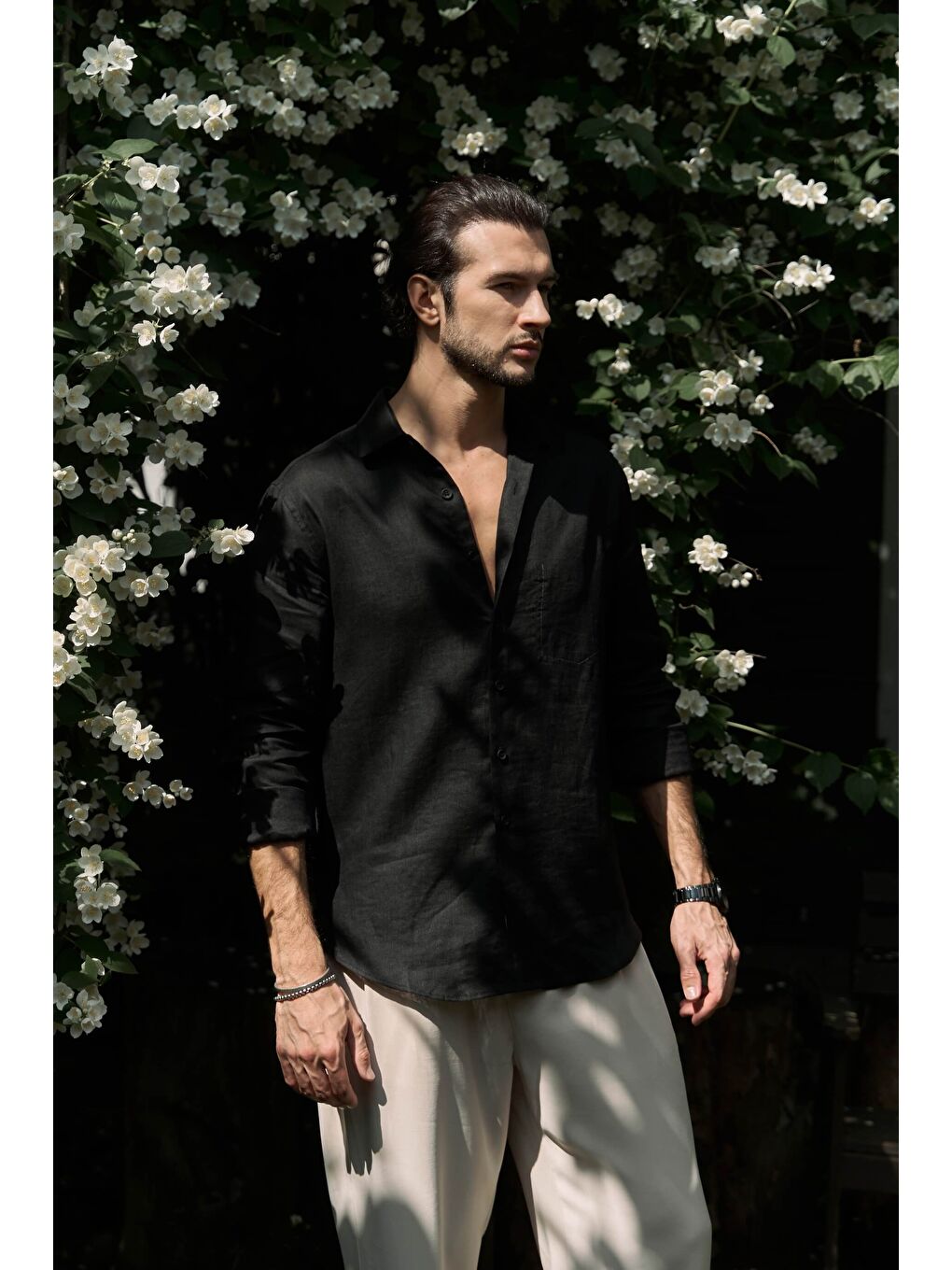 Ombretta Siyah Keten Oversize Erkek Gömlek-2