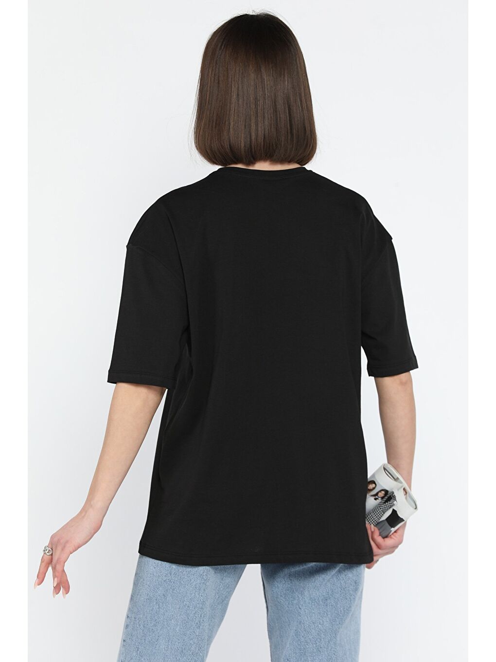Siyah Kadın Bisiklet Yaka Oversize Basic Tişört-2