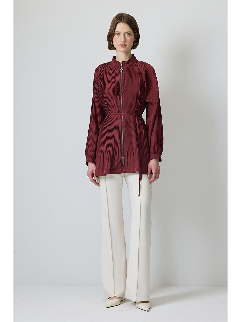 Bordo Pileli Önü Fermuarlı Ceket