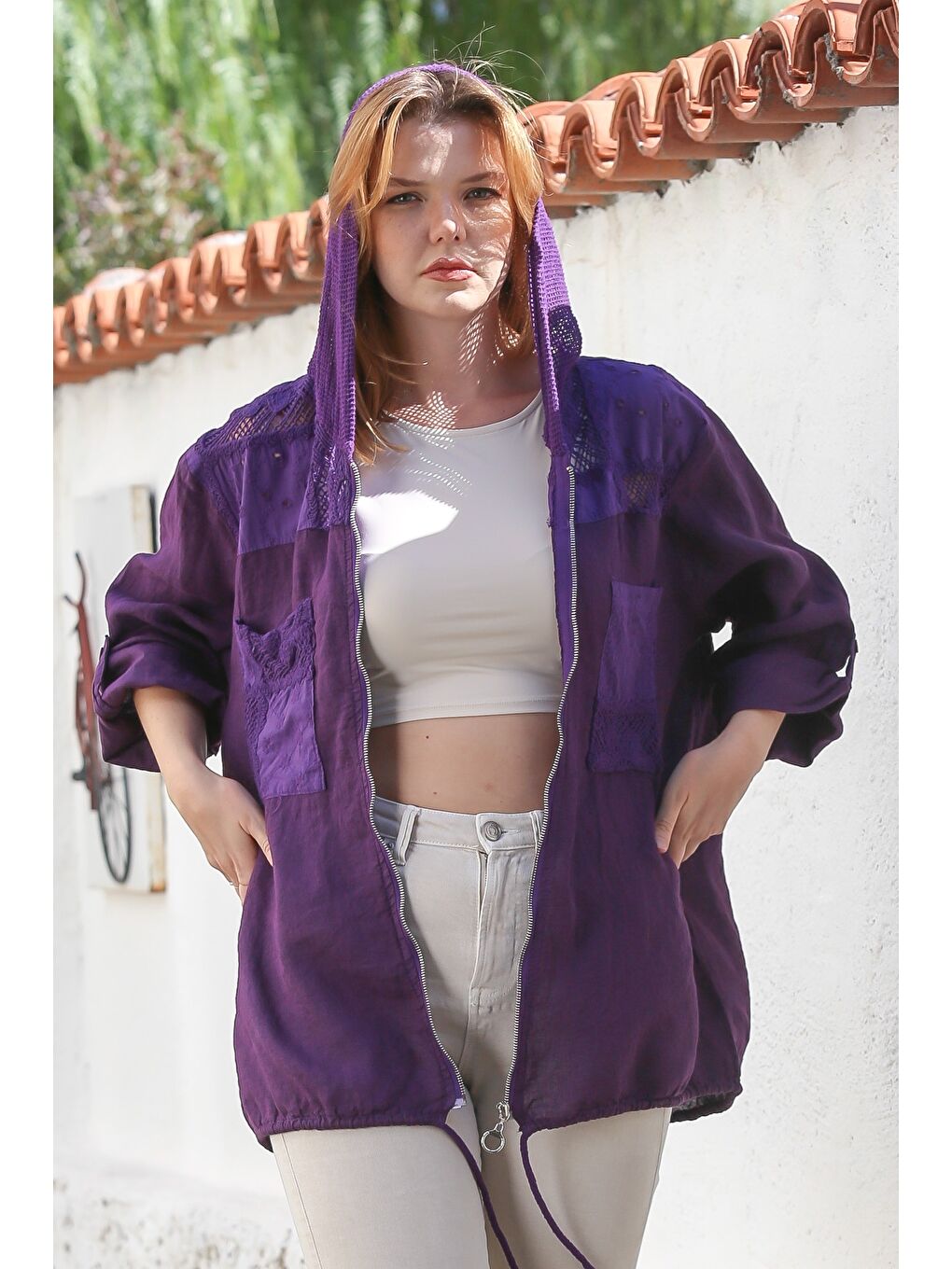 İtalyan Mor Kapüşonlu Düğmeli Uzun Kollu Fermuarlı Cepli File Detaylı Keten Dokuma Ceket 75 65