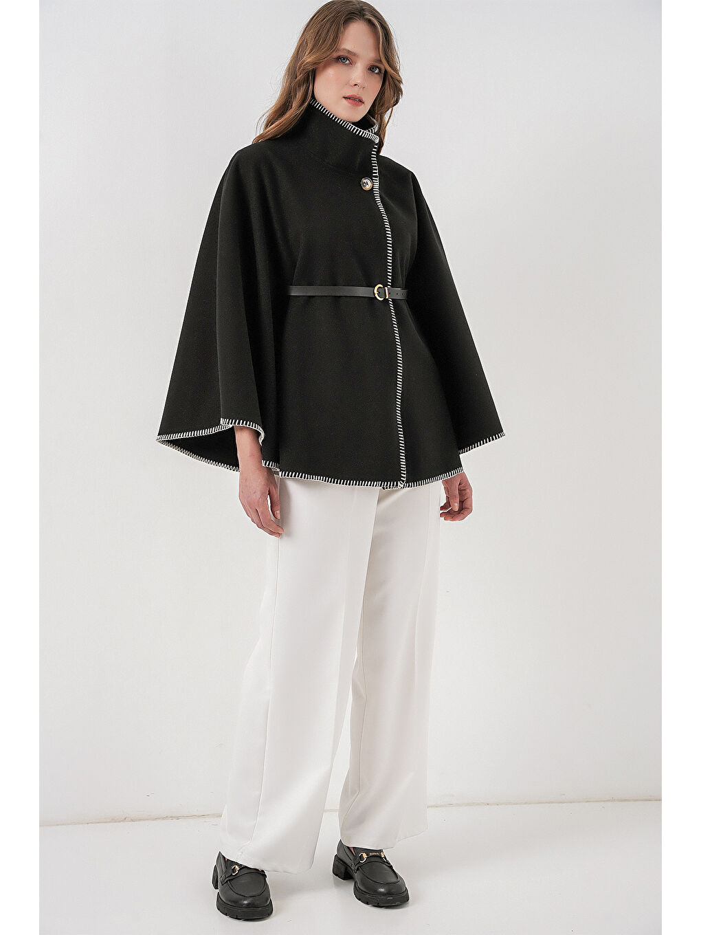 Kadın Dikiş Detaylı Kaşe Panço 9166 - Siyah-1