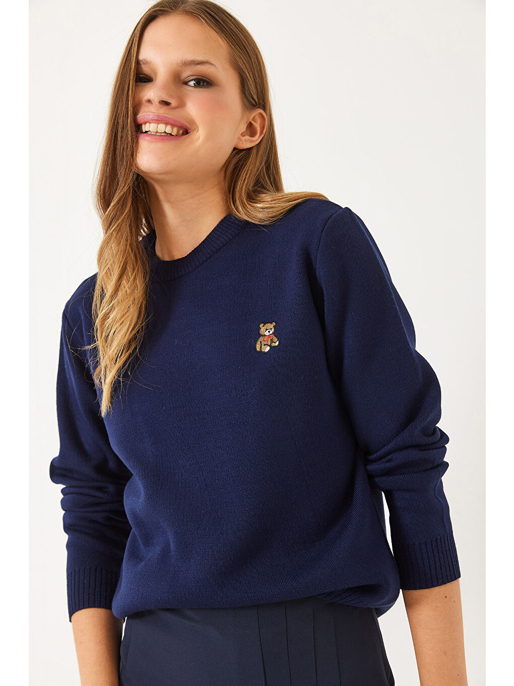 Lacivert KadınTeddy Nakışlı Basic Kazak-2