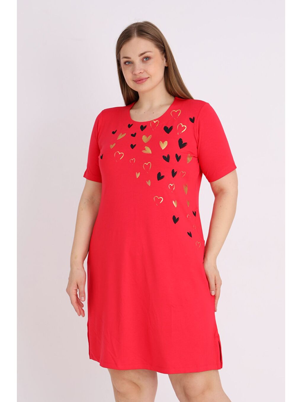Kırmızı Kadın Cepli Baskılı Kısa Kollu Relaxed Büyük Beden Elbise-1