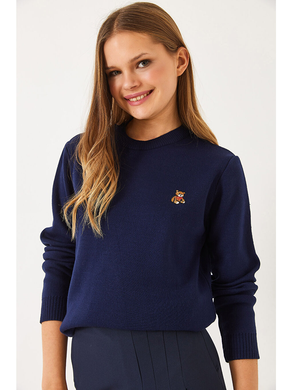 Lacivert KadınTeddy Nakışlı Basic Kazak-3